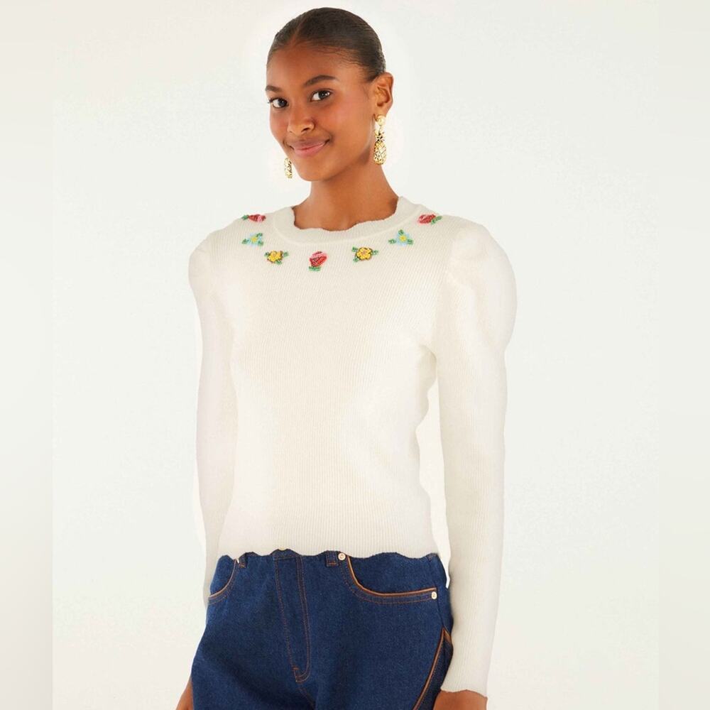 Farm Rio Off-White Flower Embroidery Knit Top S